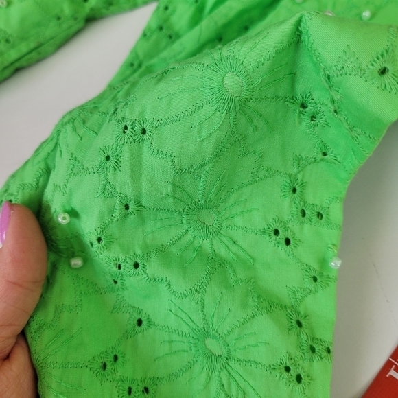 Quacker Factory Vintage Cotton Seed Pearls Eyelet Embroidered Green Jacket XL - Picture 16 of 17